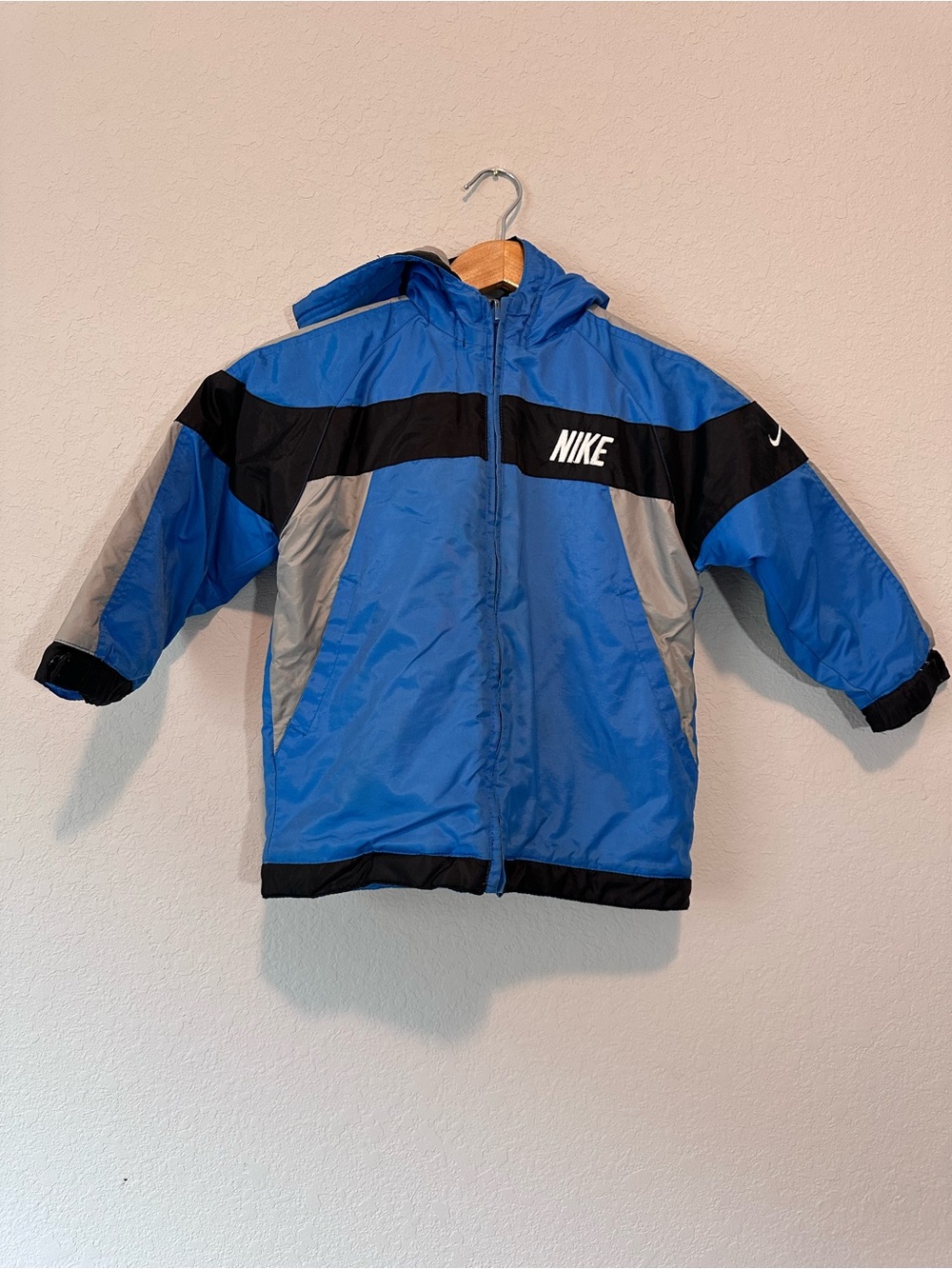Nike Kids Blue and Black Hooded Puffer Jacket with Gray Accents